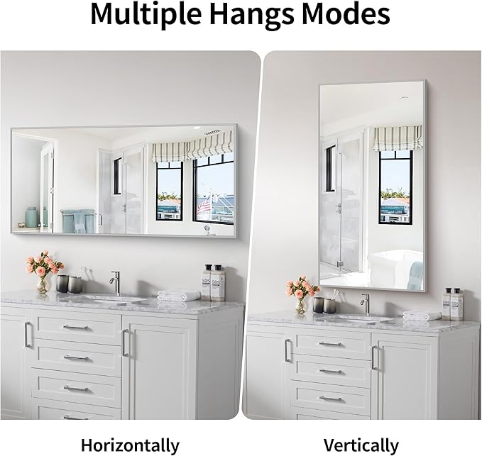48x24In Silver Bathroom Mirror for Wall, Brushed Nickel Rectangle Mirrors - Image 8