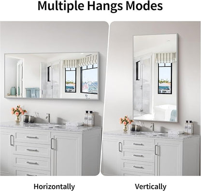 48x24In Silver Bathroom Mirror for Wall, Brushed Nickel Rectangle Mirrors - Image 8