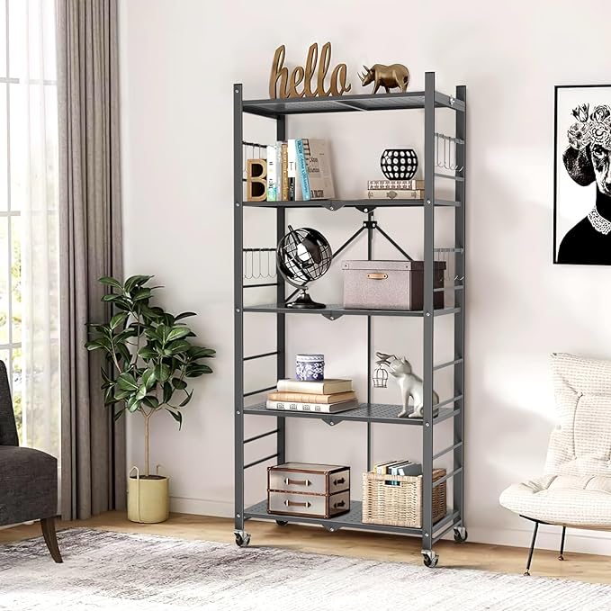 Himix Storage Shelves with 20 Hooks, 5-Tier Foldable Shelves by Himix