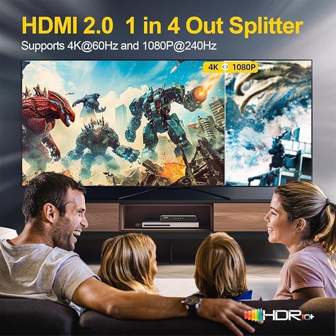 SHERRIVA 4K HDMI Splitter 1 in 4 Out – 4K@60Hz, 1080p@240Hz, Auto Downscaling - Image 2