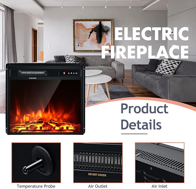 Giantex 18" Electric Fireplace Insert Heater, Wall Recessed/Mounted Fire Places - Image 9