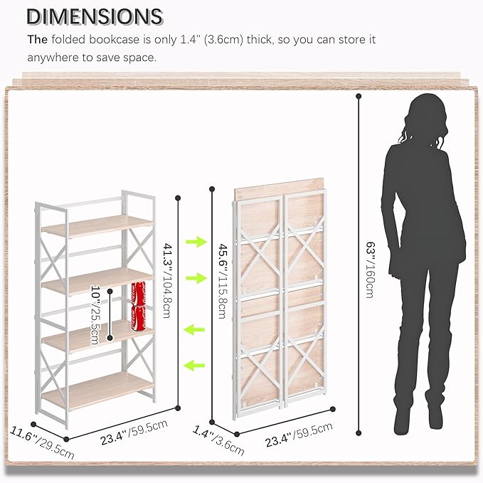 4NM 4 Tiers No Assembly Book Shelves, 41.3" H Folding Bookshelf Bookcase Open - Image 3