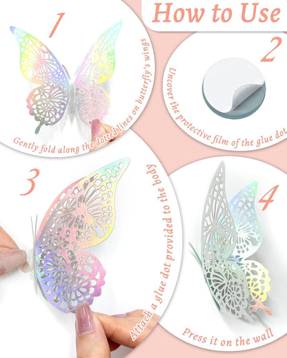72Pcs 3D Butterfly Wall Decor, Laser Butterfly Decorations, 4 Styles 3 Sizes Removable Butterflies Room Decor Butterflies Wall Stickers for Birthday Party Garden Tea Cake Flower Decorations