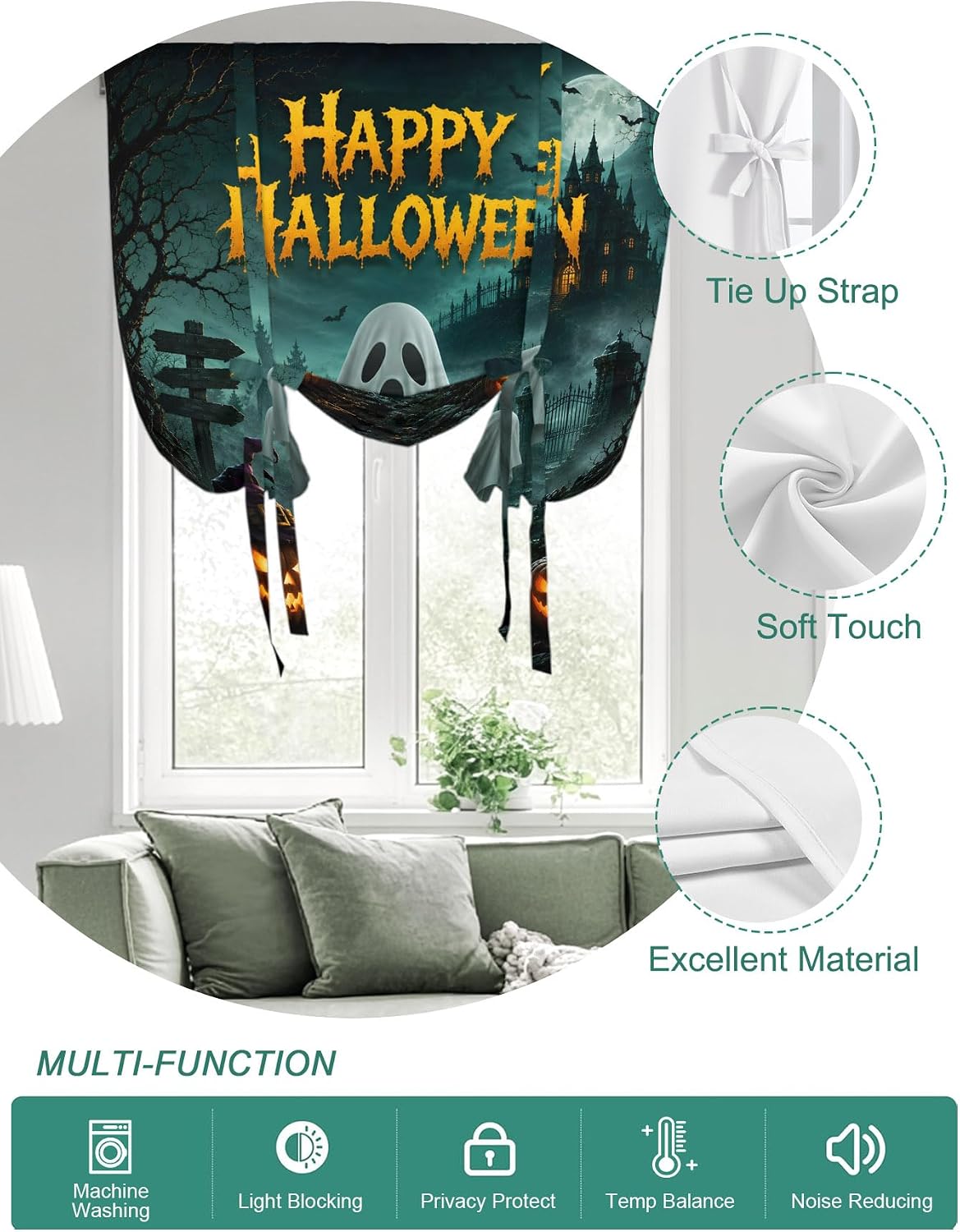 Happy Halloween Ghost Pumpkin Tie Up Curtains for Windows, Retro Haunted House Rod Pocket Window Shade Adjustable Balloon Curtain Valance for Bedroom Kitchen Bathroom Blinds 34x45in
