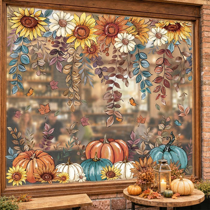 8 Sheets Fall Window Clings Sunflower Pumpkin Sticker Autumn Glass Decor | Butterfly Hanging Vine Leaves Window Decals Static Reusable for Thanksgiving Harvest Party Decoration Home Office Decorations