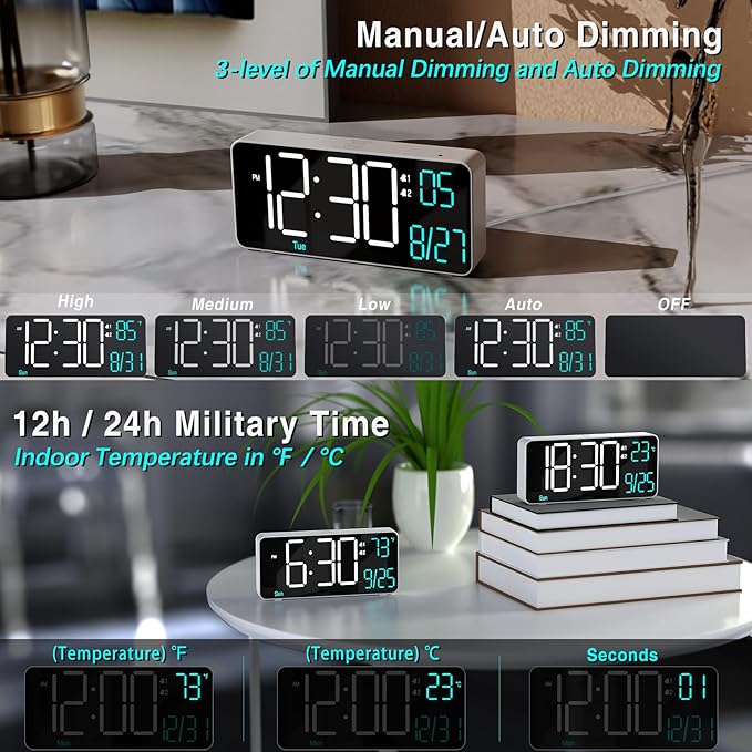 KOSUMOSU Digital Alarm Clock for Bedroom, 6.7in Small Digital Clock, Auto - Image 3