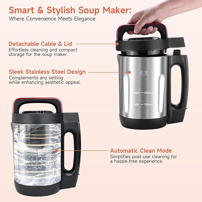 Homtone Soup Maker 2L, Makes 2-6 Servings, 6-in-1 Multifunctional Smooth and - Image 5