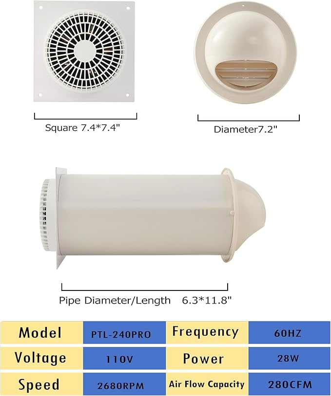 MEOZRI Through-the-Wall Ventilation Fan Exhaust Fan White Cover 6-inch Diameter - Image 2