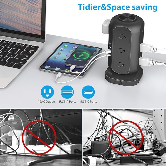 Power Strip Tower AOFO Surge Protector 12 AC Outlets - Image 2