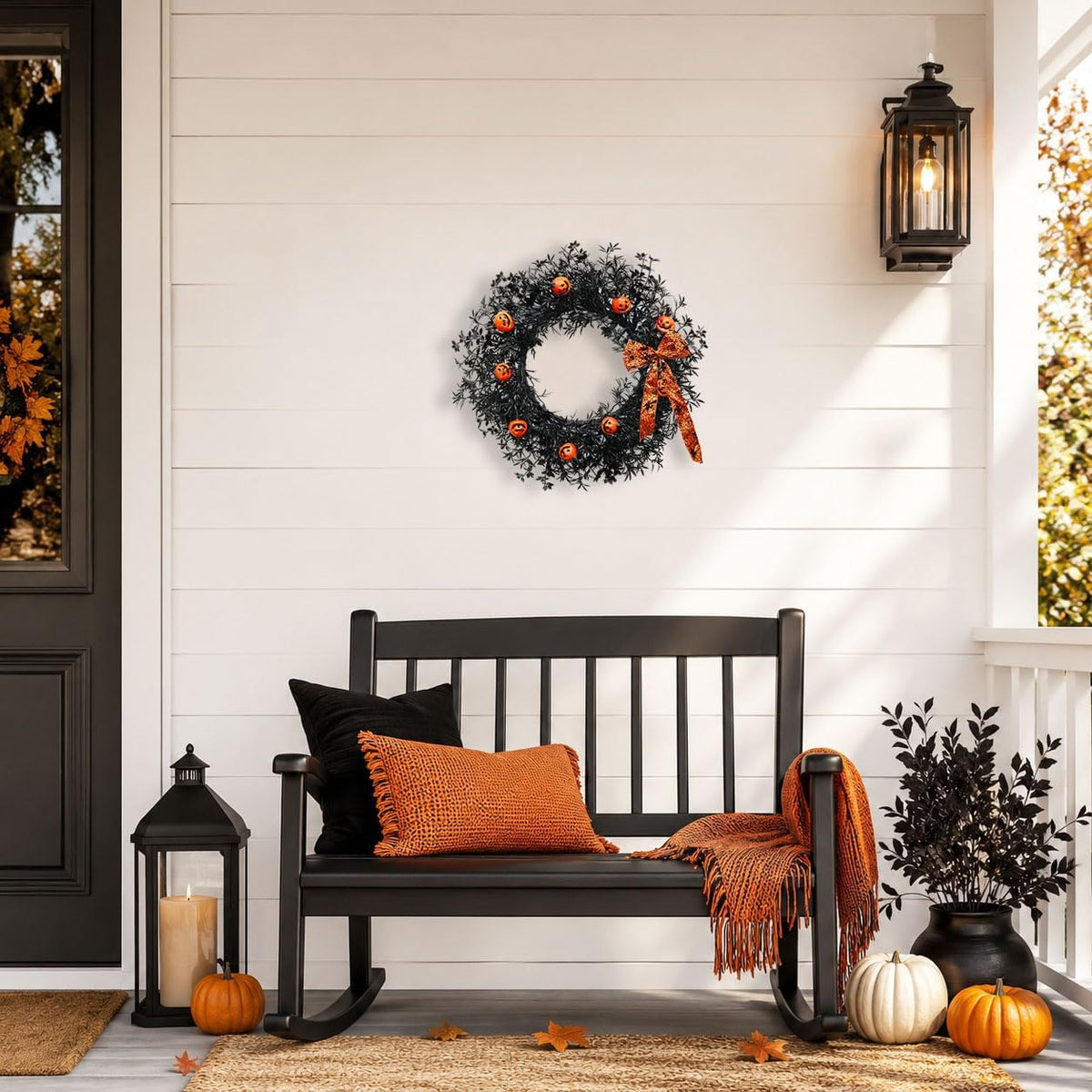20 Inch Pumpkin Halloween Wreath with 30 Orange LEDs & Spiderweb Bow