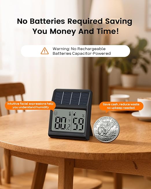 Digital Indoor Thermometer & Hygrometer, Light Powered Solar Indoor Temperature - Image 4