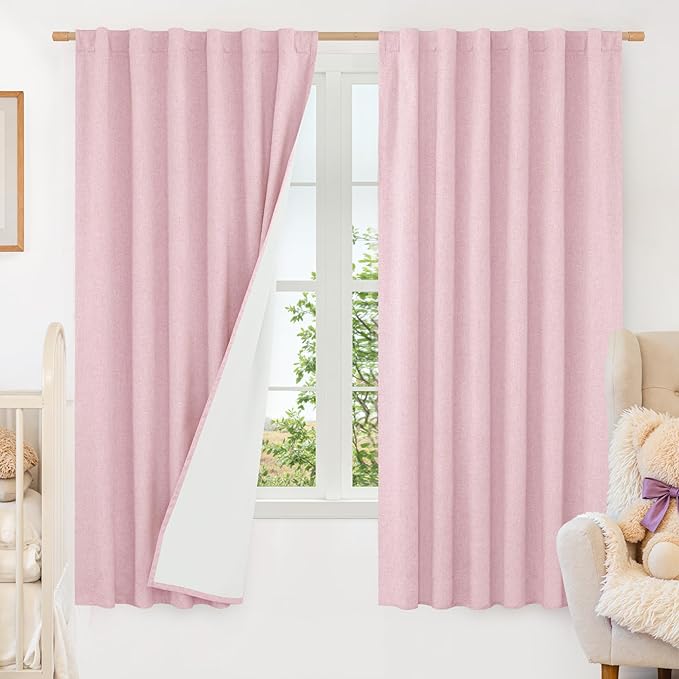 LAMIT 100% Blackout Pink Linen Curtains, 63 Inches Linen Textured Thermal by LAMIT