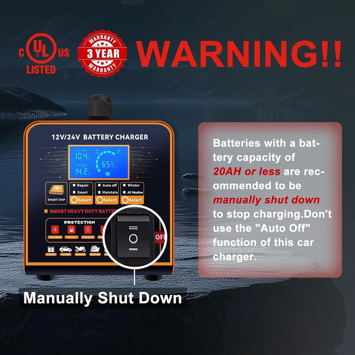 SolaMr 12V 24V Heavy Duty Car Battery Charger, 0-20A Automatic Trickle Charge...