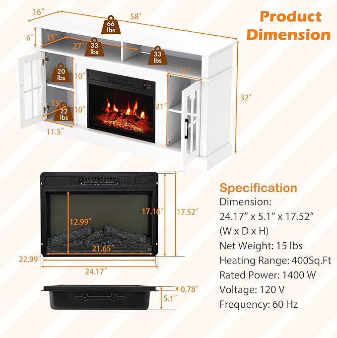 SIMOE 58 in TV Stand with 23 Inch 5100BTU Fireplace, Electric Fireplace TV - Image 5