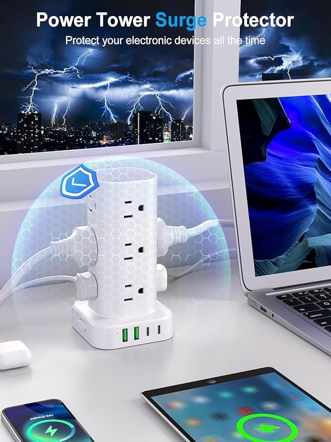 Power Strip Tower with Multiple Outlets, Flat Plug Surge Protector Tower - Image 5