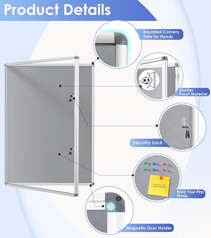 SWANCROWN Enclosed Bulletin Board 48x36in, Tamperproof Lockable Grey Felt Board - Image 3
