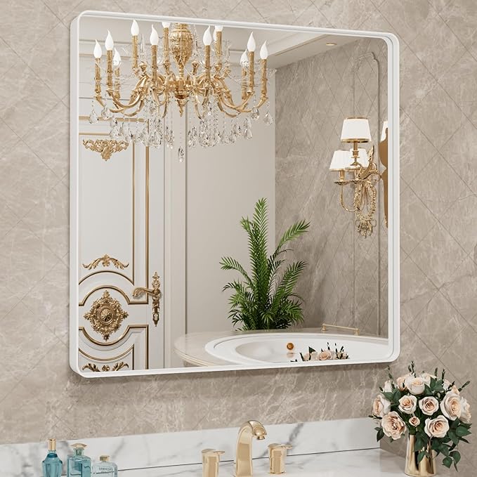 LOAAO 38x38 Inch White Metal Framed Bathroom Mirror - Image 8