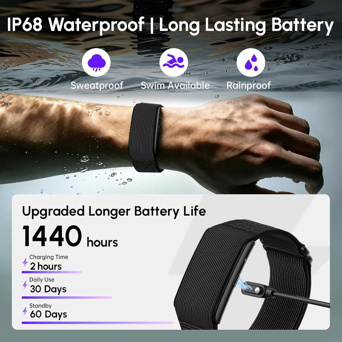 screenless fitness tracker smart band, sleep, hrv, heart showing dimensions