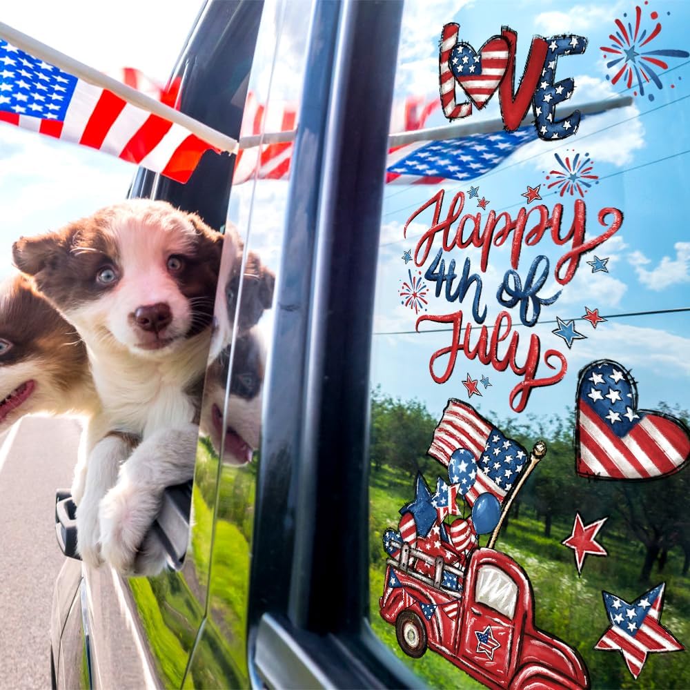 DIYDEC 6 Sheets Patriotic Window Clings Happy 4th of July Window Stickers Gnome Truck American Flags Stars Firework Decals Double-Sided for Independence Day Home Party Decoration