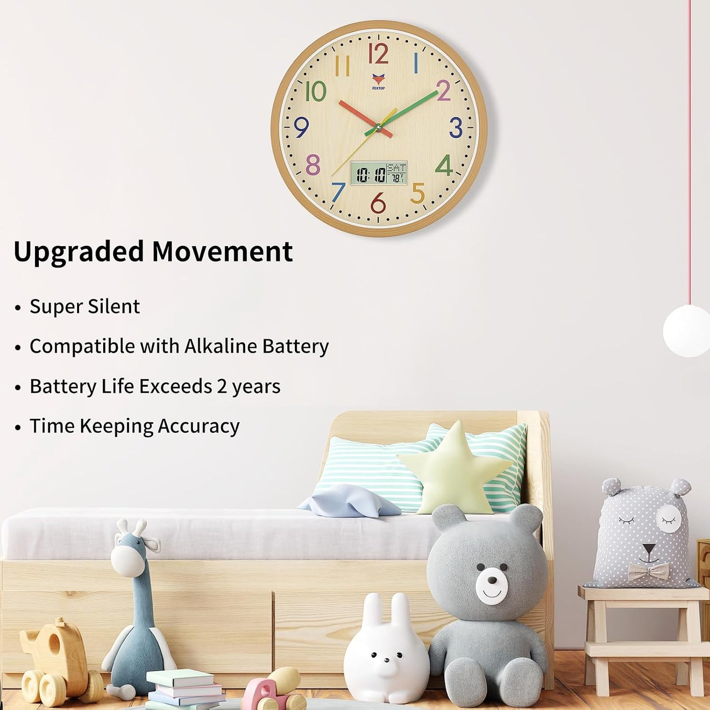 Foxtop Digital and Analog Kids Wall Clock 12 Inch Silent Non-Ticking Battery Operated Kids Clock for Kids Room Playroom Nursery Classroom School