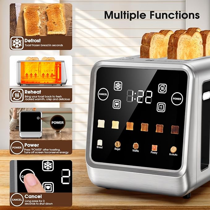 Toaster 4 Slice Long Slot with Digital Touchscreen & 1-Touch Memory - Image 6
