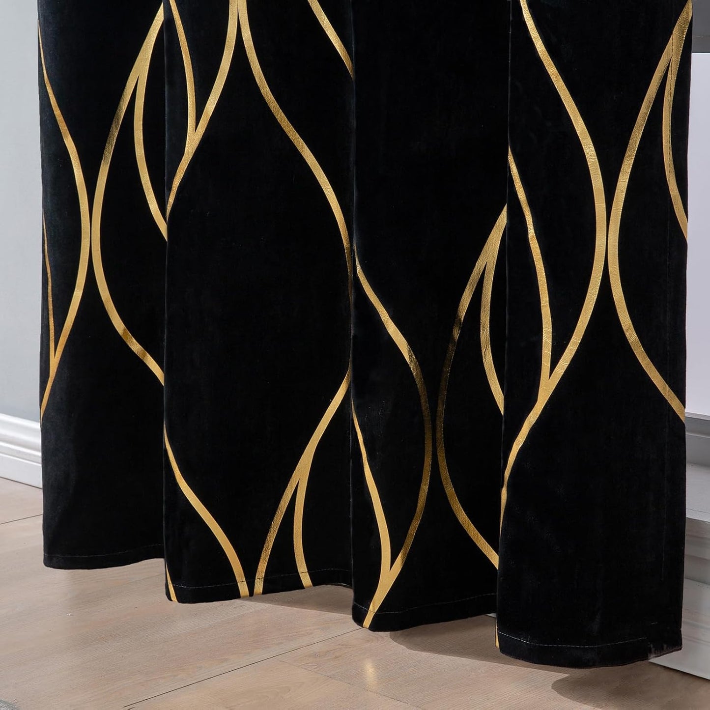 L.Z.E Black Gold Blackout Curtains for Bedroom, Heavy Duty Velvet Curtains 120 Inches Long 2 Panels Set, 80% Room Darkening Curtains for Living Room, Extra Long & Thick Drapes with Gold Pattern
