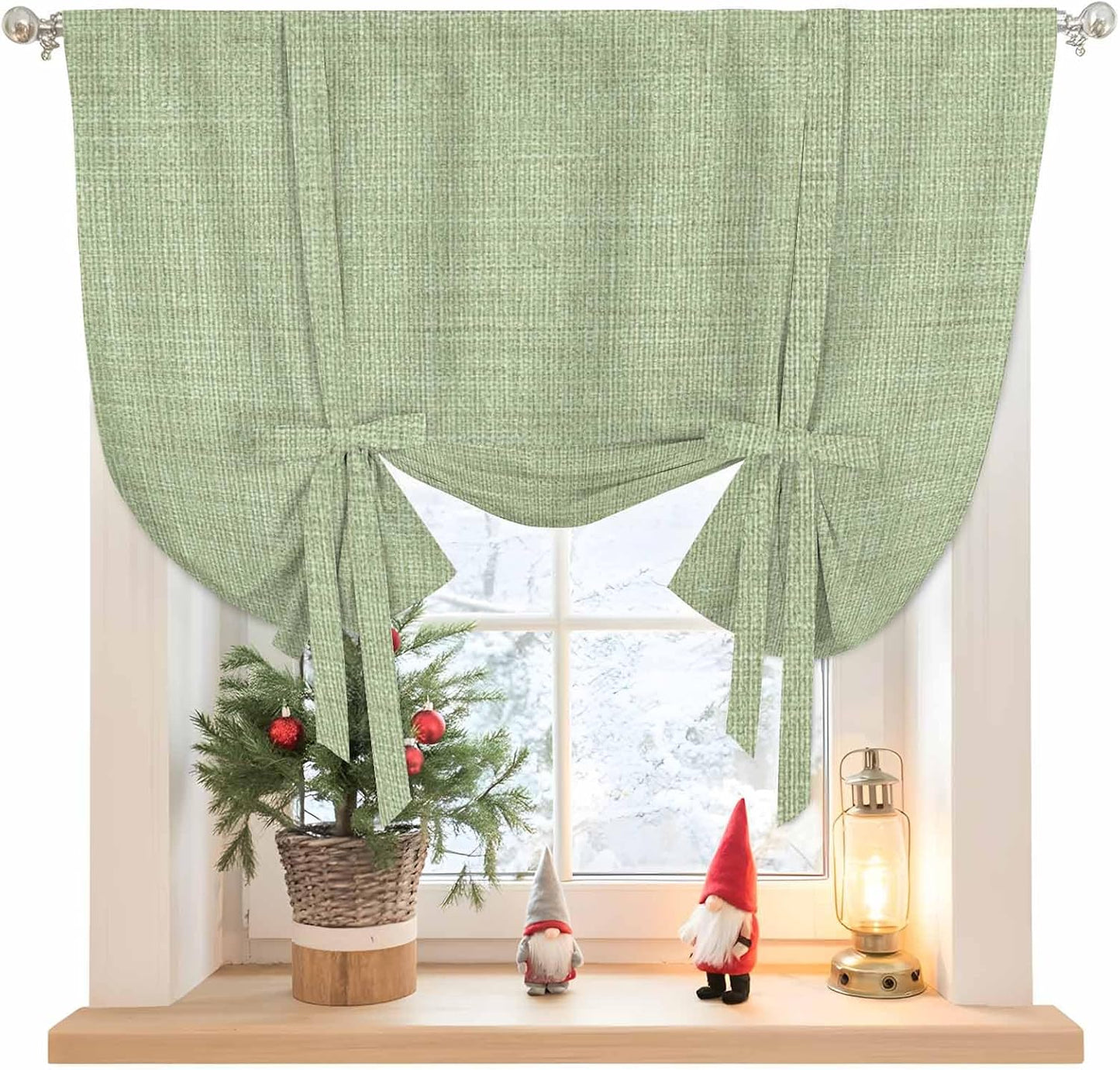 Vintage Sage Green Tie Up Curtains for Windows 54 Inch Length Balloon Curtains Kitchen Adjustable Balloon Window Shade Farmhouse Retro Beige Solid Color Tie Up Valance Bathroom Curtain Window 42"x54"