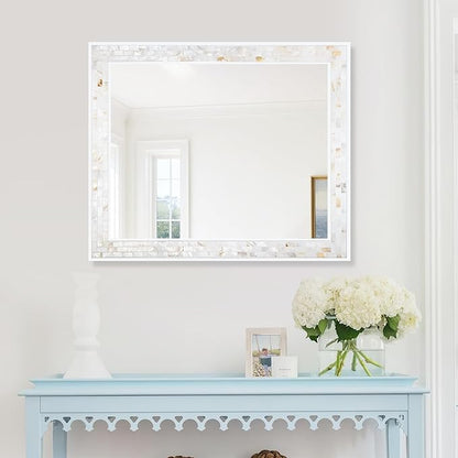 Tanmicoshomy 30 x 36 Inch White Rectangle Wall Mirror, Natural Shell Framed - Image 7