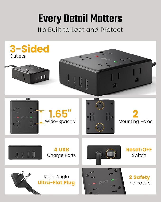 25Ft Long Extension Cord, Flat Plug Power Strip Surge Protector, 8 Outlet 4 USB - Image 8