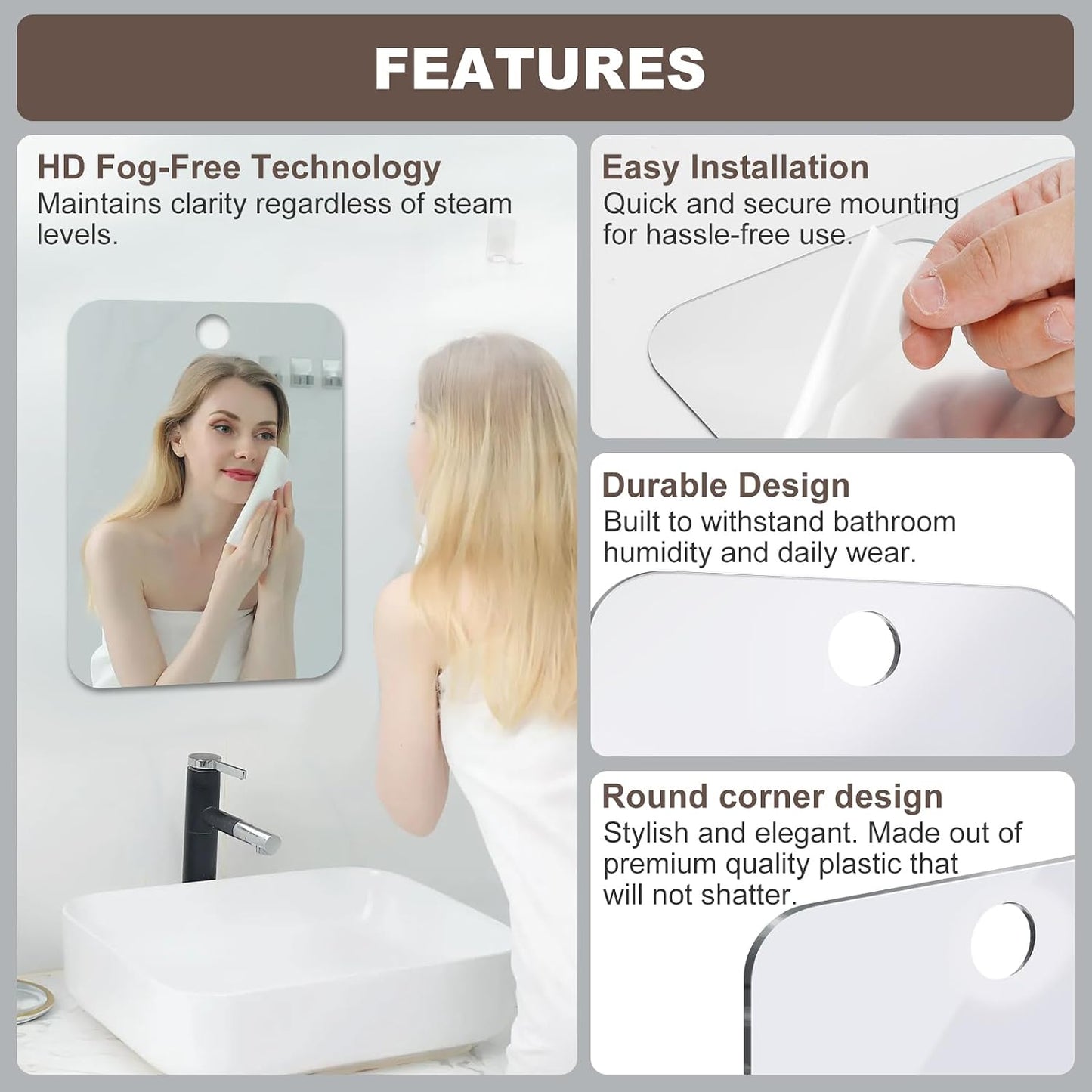 Shower Mirror Fogless for Shaving Anti-Fog Frameless Wall Hanging Makeup,11.02" L x 7.87" W,Darkgrey