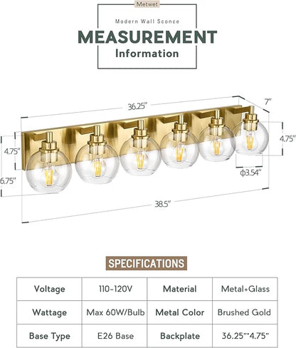 METWET Bathroom Light Fixtures, 6 Light Brushed Gold Vanity Light, 38 Inch - Image 2