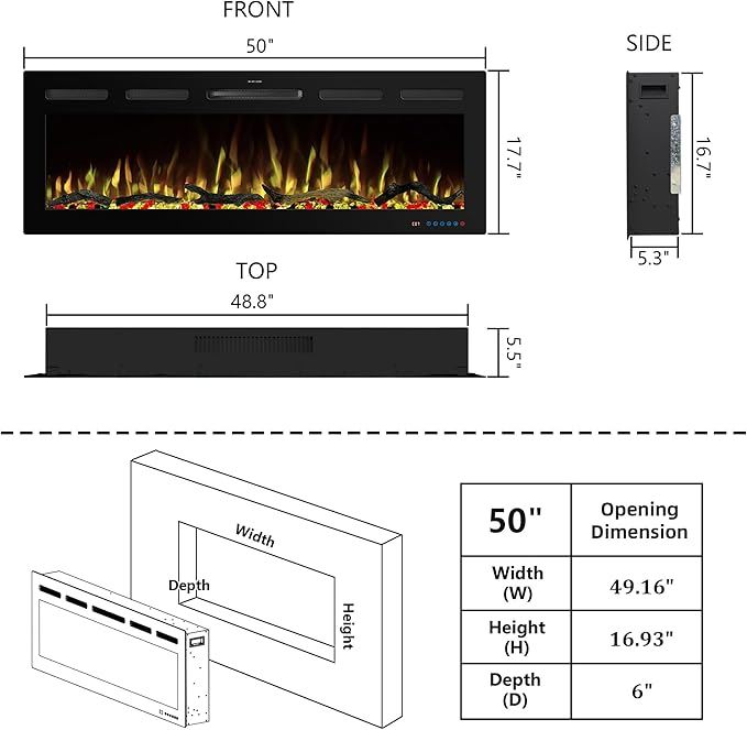 50" WiFi Electric Fireplace Inserts, Recessed and Wall Mounted Fireplace Heater - Image 6