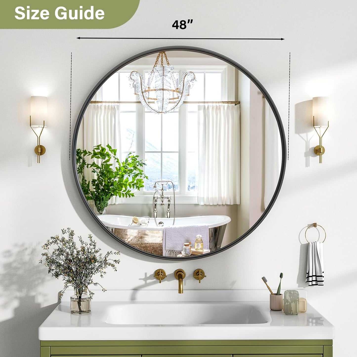 48 Inch Round Bathroom Mirror - Wall Mounted Circle Mirror with Metal Frame, Modern Mirror Suitable for Bathroom, Vanity, Entryway, Living Room, Wall Decor,Black