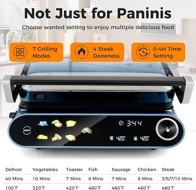 7-In-1 Sandwich Maker with LED Touch Panel & No-Stick Plates, Electric Panini - Image 4