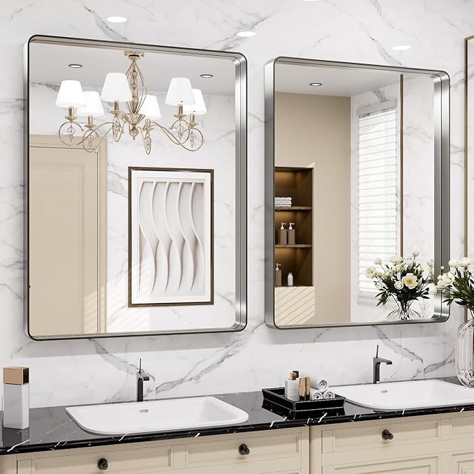 LOAAO 24X36 Inch Brushed Nickel Bathroom Mirror, Rounded Rectangle Silver Metal - Image 4