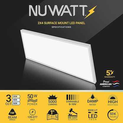 NUWATT 2 Pack, 2x4 LED Flat Panel Light, 3CCT 3000K/4000K/5000K Selectable - Image 2