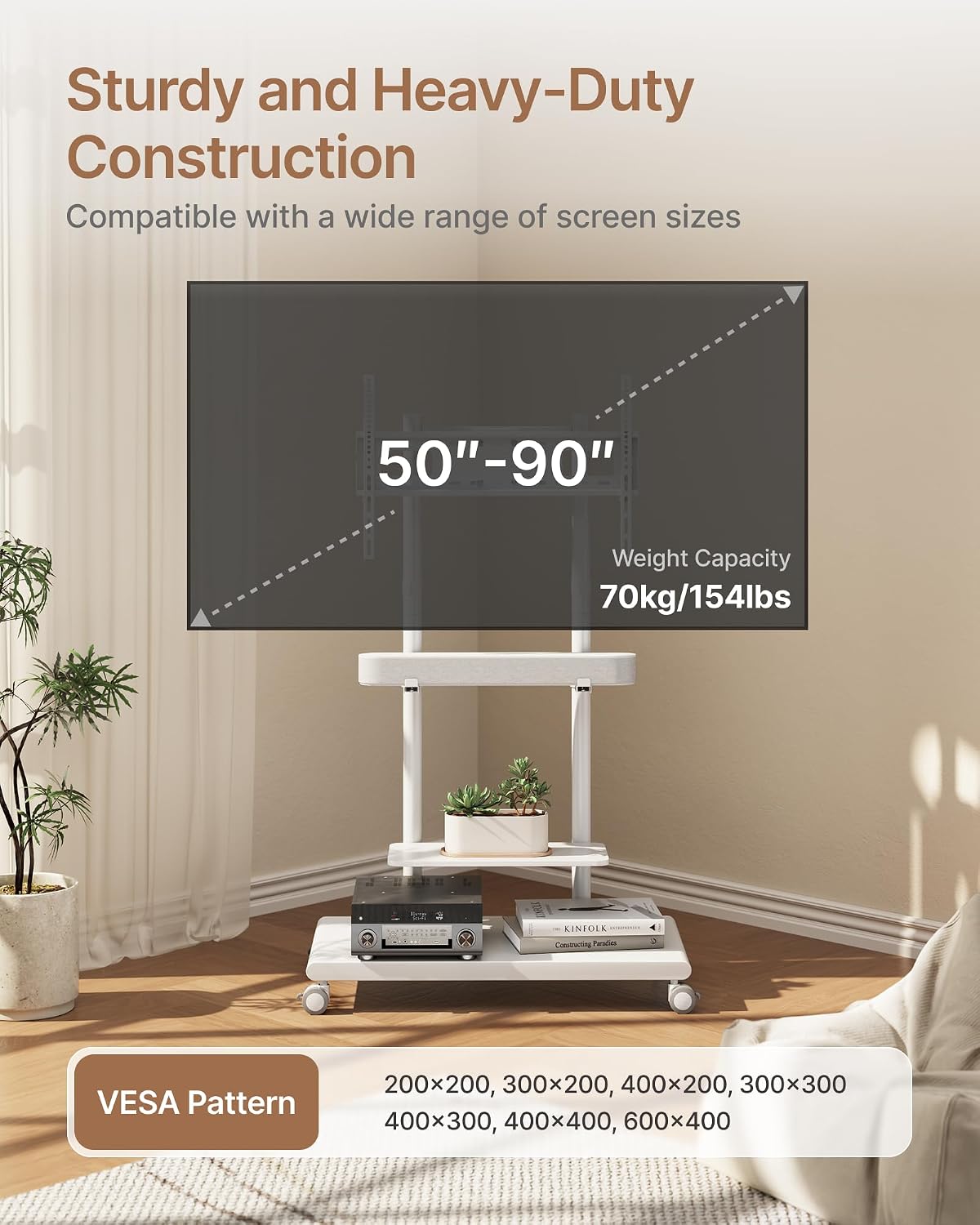 rolling tv stand with soundbar mount for 50-90inch, side view