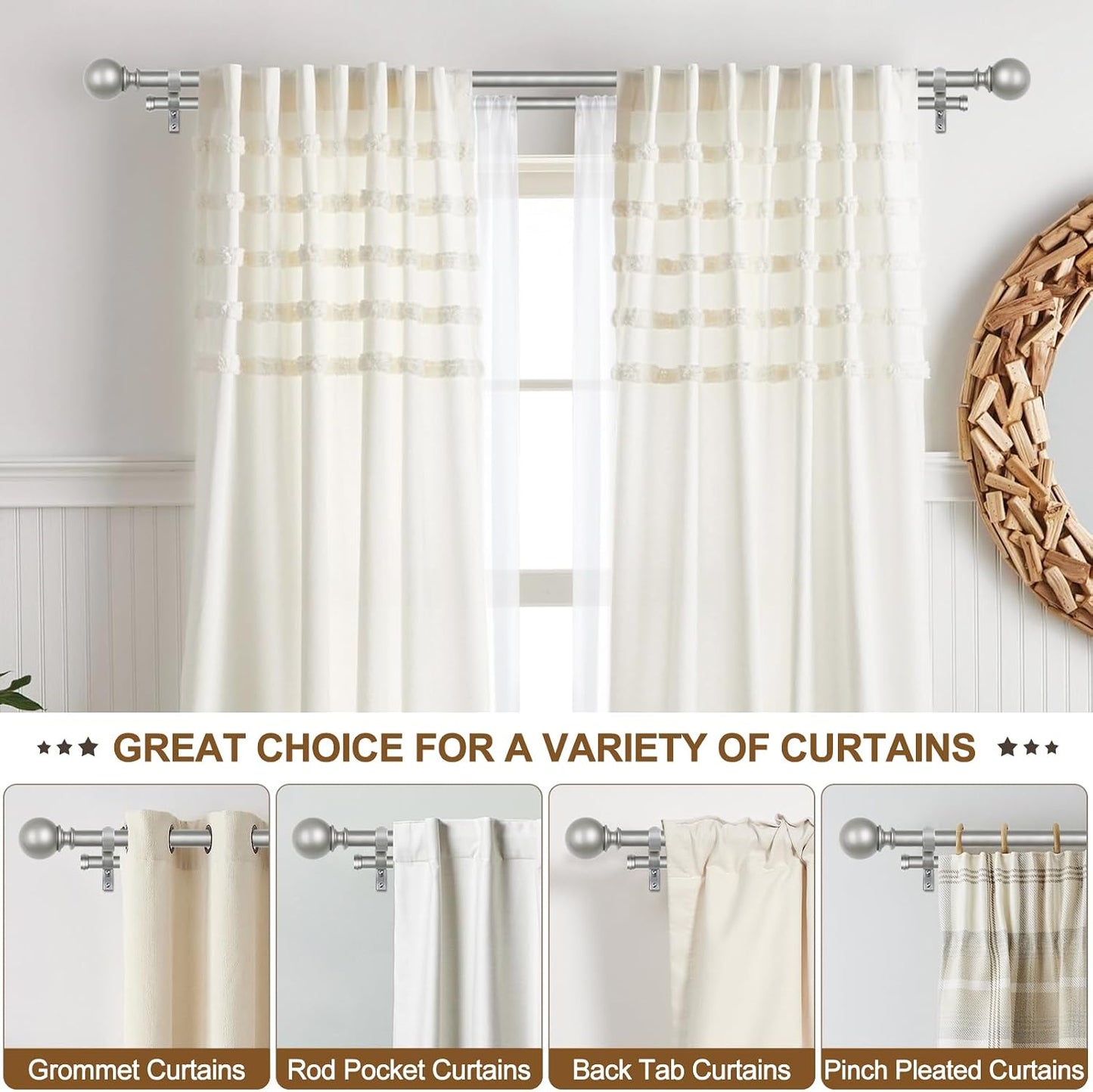 KAMANINA Double Curtain Rods 66 to 120 Inches, Adjustable, Antique Silver | Heavy Duty 1 Inch, Dual Drapery Rod for Sliding Glass Door, Bedroom, Fewer Rods, Easy Install, Decorative Round Finials