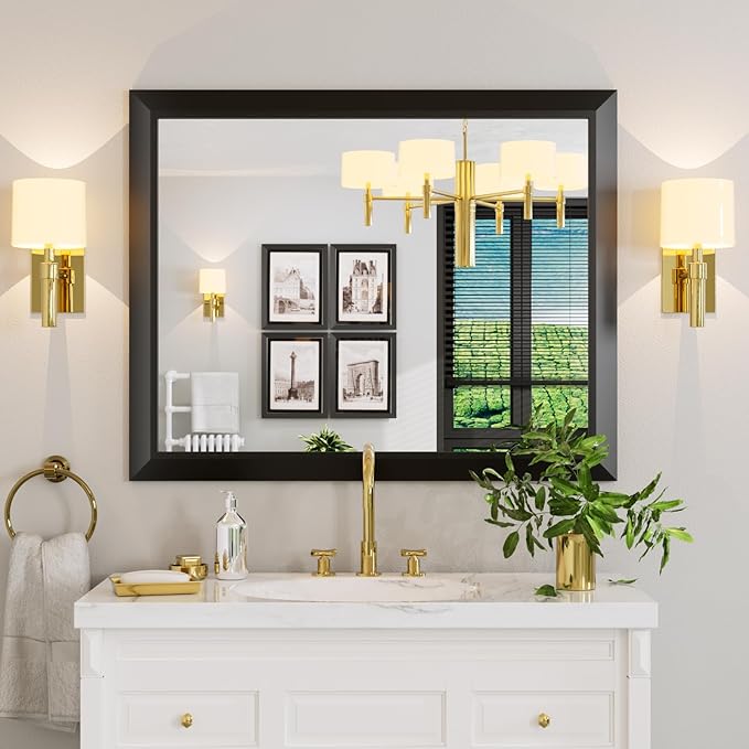 Amorho Black Bathroom Mirror, 40X32 Inch Thick Metal Framed Wall Mirrors by Amorho