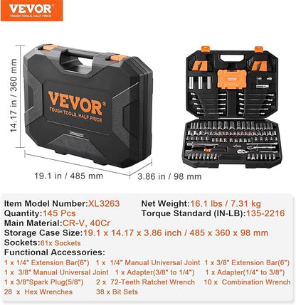 VEVOR Mechanics Tool Set and Socket Set, 1/4" and 3/8" Drive Deep and Standard - Image 6