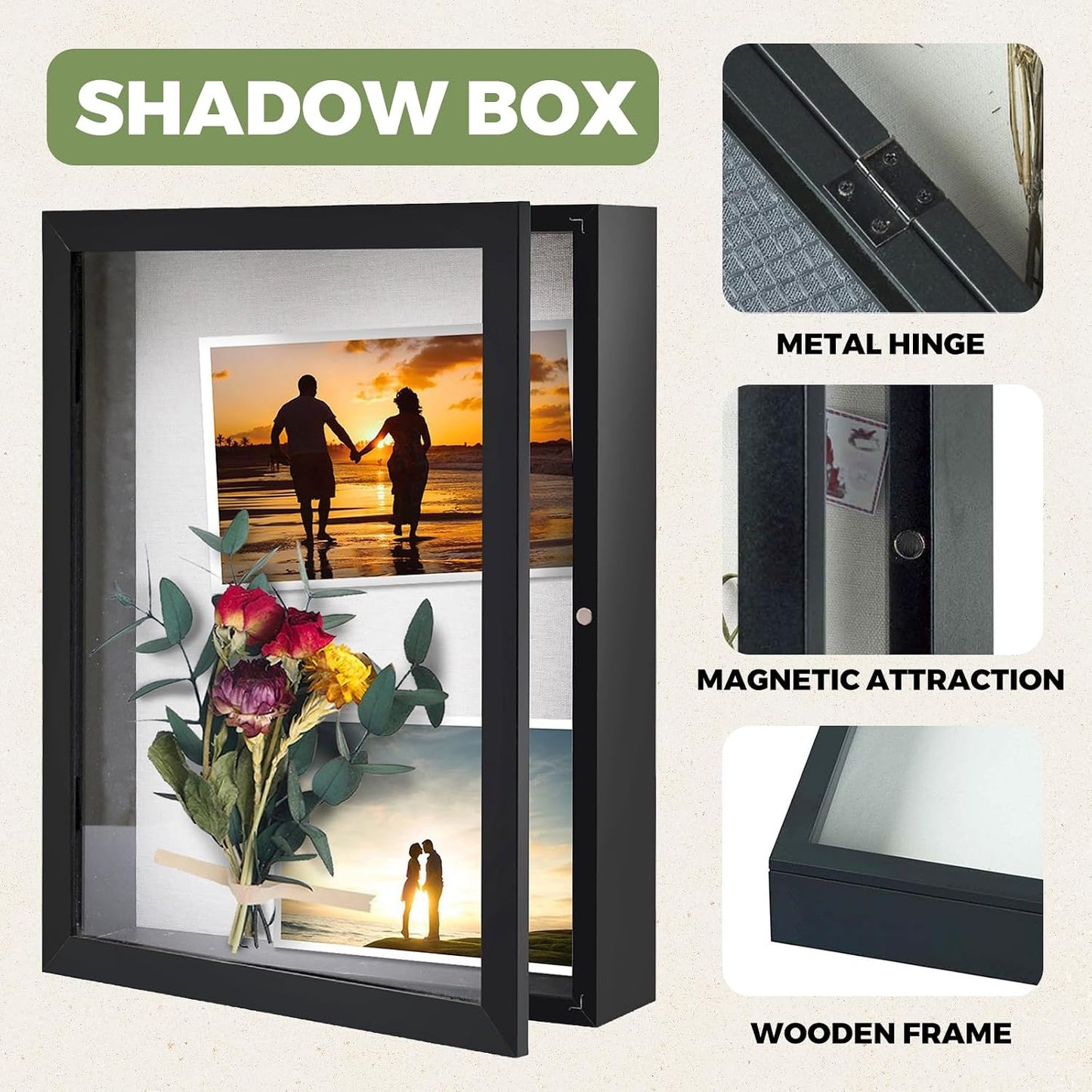 Muzilife 13x16 Shadow Box Wood Picture Frame, 2.16 Deep, Real Glass, Black | FSC-Wood, Magnetic Door, Linen Interior & Pins, Vertical, Horizontal Wall Hanging, Display Case Frame for Photos & Keepsakes