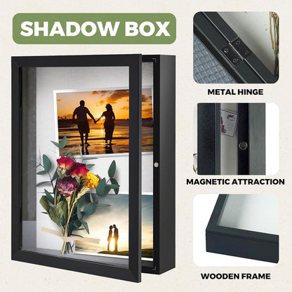 Muzilife 13x16 Shadow Box Wood Picture Frame, 2.16 Deep, Real Glass, Black | FSC-Wood, Magnetic Door, Linen Interior & Pins, Vertical, Horizontal Wall Hanging, Display Case Frame for Photos & Keepsakes