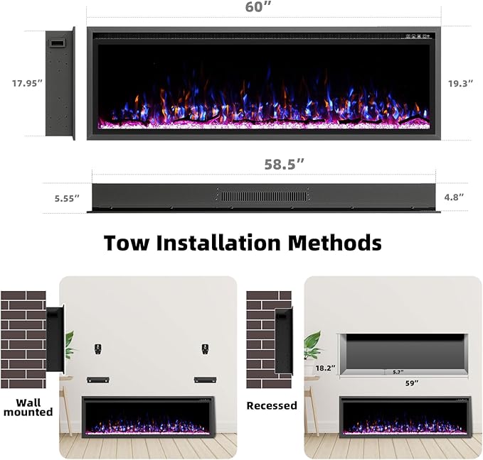 60'' Luxury Electric Fireplace – Wall Mounted & Recessed, Ultra-Slim Design - Image 6