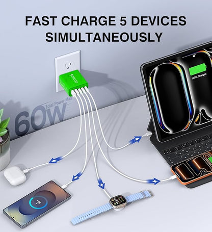 2 Pack 60W USB C Fast Charger Block, 5-Port Type C Wall Charger Brick, 2 USB A - Image 3