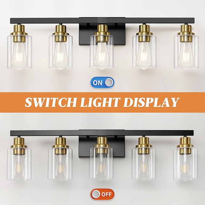 DIKAIDA 5-Light Black and Gold Bathroom Vanity Light, Bathroom Light Fixtures - Image 6