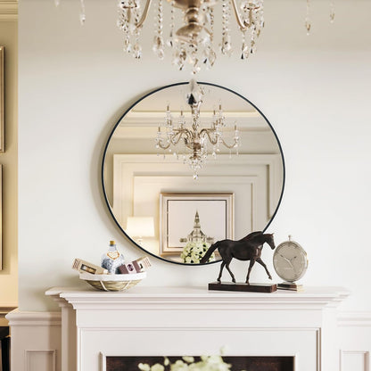 Growsun 28 inch Black Round Mirror, Wall-Mounted Circle Mirror for Bathroom & Living Room Decoration