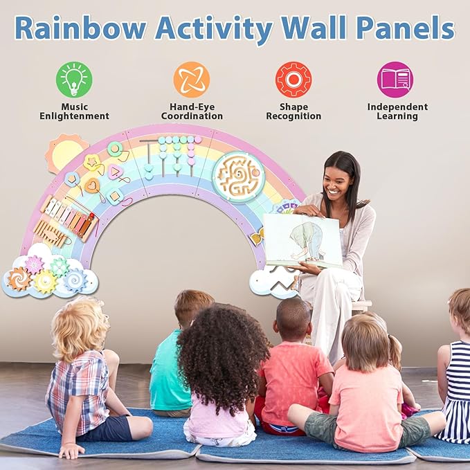 5FT Large Pastel Rainbow Wooden Activity Wall Panel - Image 7