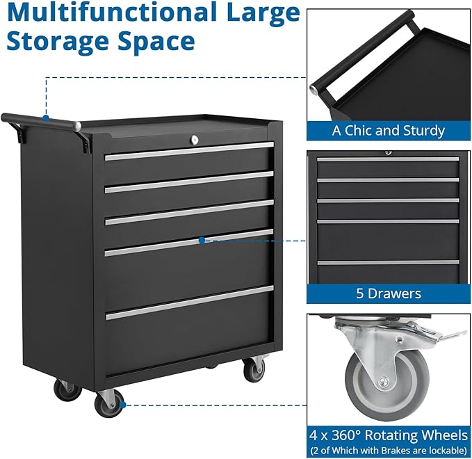 IDEALHOUSE Rolling Tool Chest, 5 Drawers Tool Storage Cabinet, Toolbox - Image 5