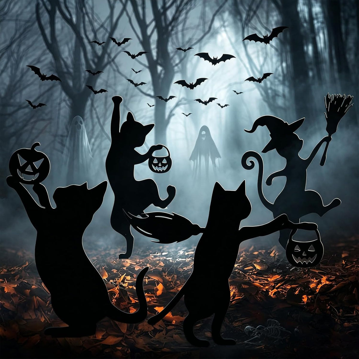 Geelin Halloween Garden Yard Decoration 4 Pcs 15.8In Metal Black Cat Stakes