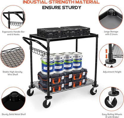 WDT 680Lbs Capacity Heavy Duty Rolling Utility Cart, 2 Tier Rolling Carts - Image 3
